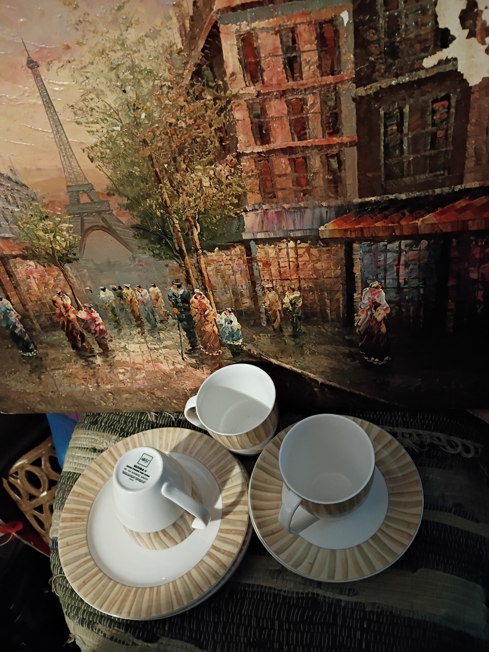 -Bamboo Grove Neutral Tan Striped Tea Cups and Saucer Sets 9 items.